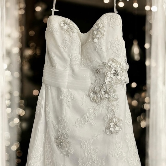 Maggie Sottero Strapless White Dress with Silver Accents